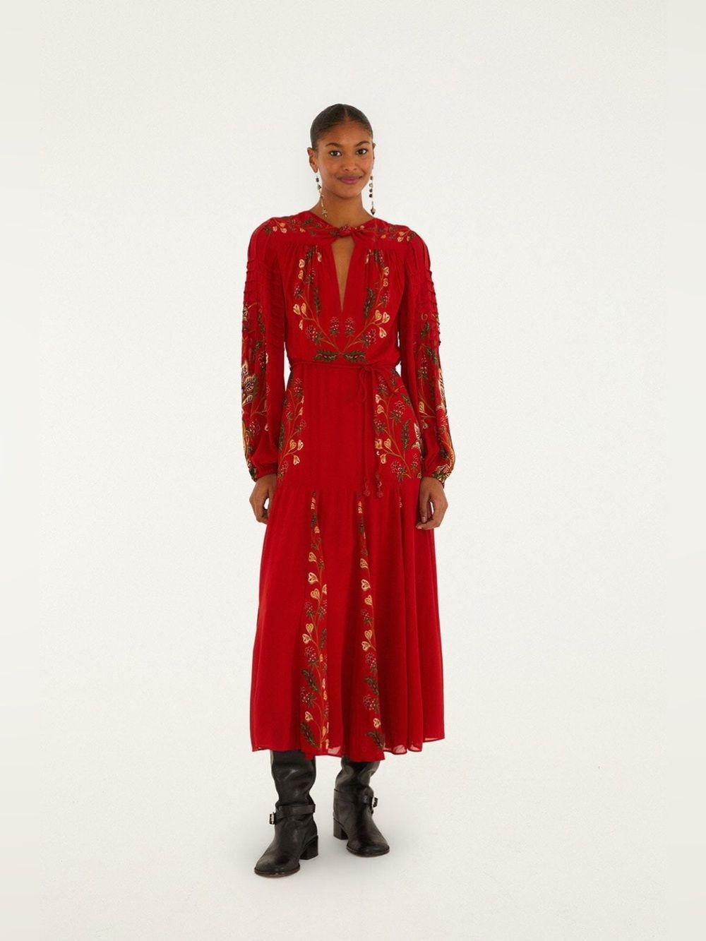 NEW FARM RIO berry garden long sleeve pleated maxi dress red boho wedding guest